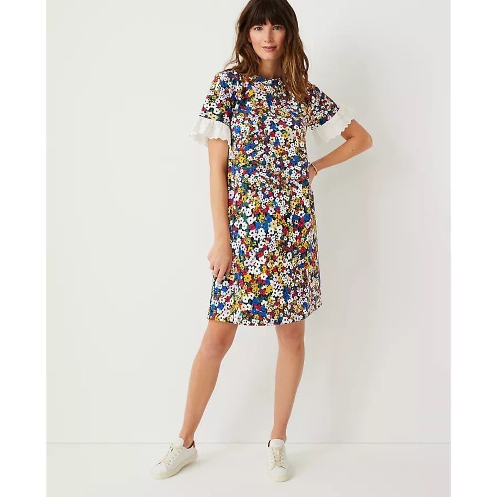 Ann Taylor Floral Eyelet Ruffle Sleeves Shift Dress Women's Sz XS